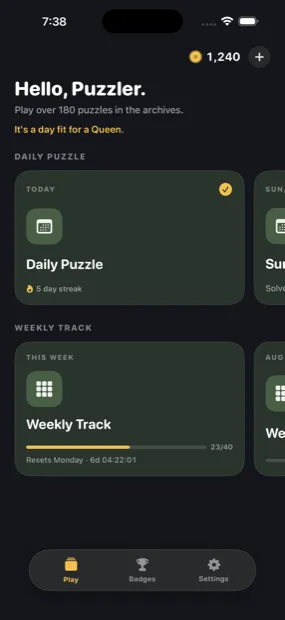 The Gambit home screen, showing a Daily Puzzle card with a five day streak and a Weekly Track card at 23 of 40 solved.