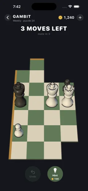 A puzzle in play: a cropped 3D chess board with the moves-remaining heading.