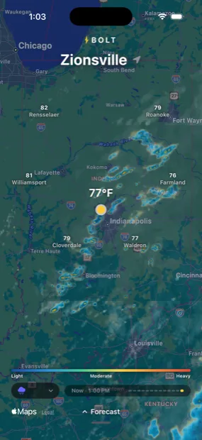 The app opens here: two hours of radar and satellite cloud animating over your own location, with the temperature at nearby towns read straight off the forecast grid.