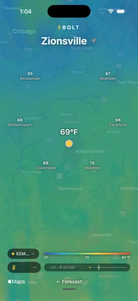 Temperature as a field. There is no free tile service for modelled weather, so the map samples a 16×16 grid of points and scales it up — the blobs are Lanczos, not tiles.