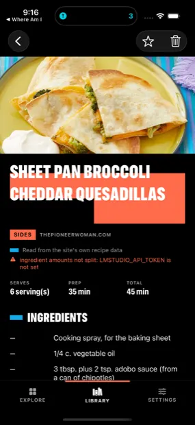 The screenshot that makes the architecture visible. Under the title: “Read from the site’s own recipe data”, and a warning that ingredient amounts were not split because the model pass did not run. The app tells you how it knows what it knows.