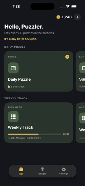 The home screen. One puzzle a day, and the archive behind it.