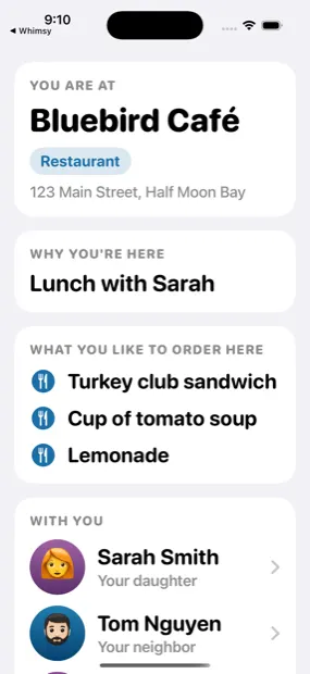 The whole product on one screen: where you are, why you are here, and what you usually order here — each in type readable at arm’s length without glasses.