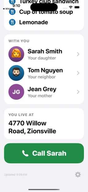 Below the fold: people detected nearby, each under the viewer’s own label for them, the “you live at” card, and one green Call button.