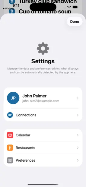 Settings, reached by long-pressing the gear. Rows are ordered for the caretaker doing the setup, not for the person using the app.