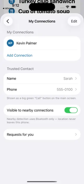 Both sides of a connection keep their own words for each other. The visibility toggle stops Bluetooth advertising instantly.