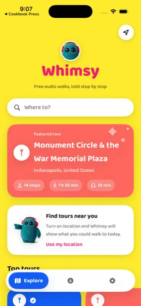 The yellow page, the pink Baloo 2 wordmark, and the character. Card tints cycle through blue, coral, lime, pink and teal so a list of tours reads as a set of toys.