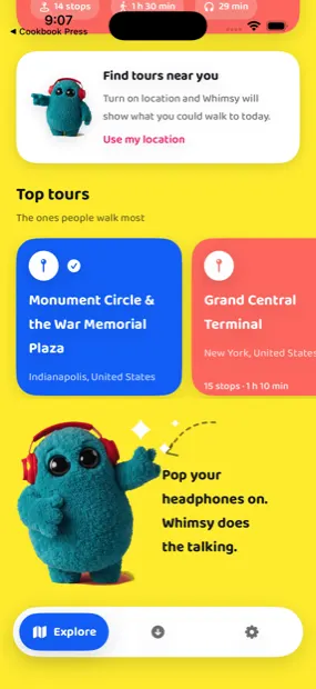 Top tours and the location prompt. The mascot’s pose changes with what the screen is for — pointing at the location card, waving at the headphones prompt.