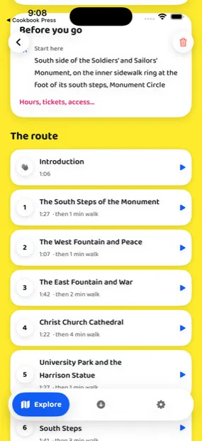 Practical notes and the route, each stop carrying its narration length and the walk to the next one.