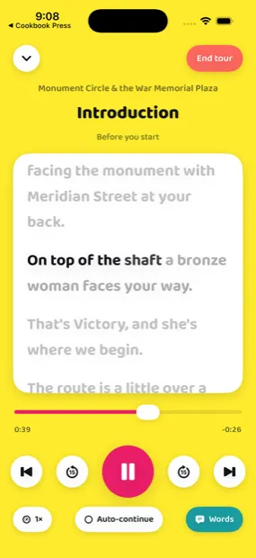 Words opens the narration the way a music app shows lyrics: one line lit at a time, sweeping word by word, and a tap on any line jumps the audio to it.